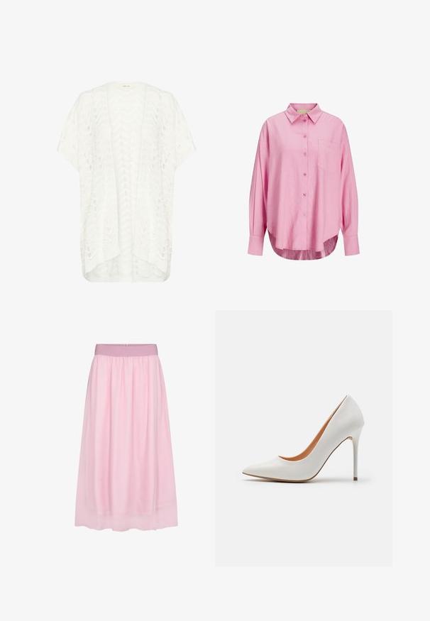 Cárdigan de punto blanco con un patrón en zigzag, ajuste holgado, mangas cortas y dobladillo trasero en pico. La tela es ligera y texturizada.; Camisa de botones rosa claro con cuello, mangas largas, un bolsillo en el pecho y un dobladillo ligeramente curvado. La tela parece suave.; Falda de tul rosa con un diseño suave y ligero. Presenta una cintura elástica y una silueta fluida, creando un efecto de capas.; Zapato de tacón alto de charol blanco con punta afilada y tacón stiletto elegante, que presenta una textura suave y un interior beige.