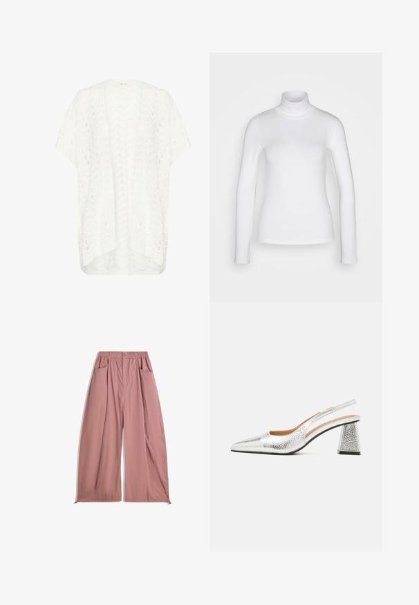 Witte gebreide cardigan met een zigzagpatroon, losse pasvorm, korte mouwen en een aflopende achterkant. De stof is lichtgewicht en gestructureerd.; Witte langemouwen turtle neck shirt van een soepel, rekbaar stof. Heeft een strakke pasvorm en een hoge kraag. Geen zichtbare patronen of accenten.; Losse, hooggewaiste broeken van zacht rozenroze stof. Kenmerken elastische tailleband, twee zijzakken en een gladde, gestructureerde afwerking.; Zilveren slingback pump met een spitse neus, textuur metallic afwerking en een driehoekige blokhak. Binnenkant met bruine leren details.