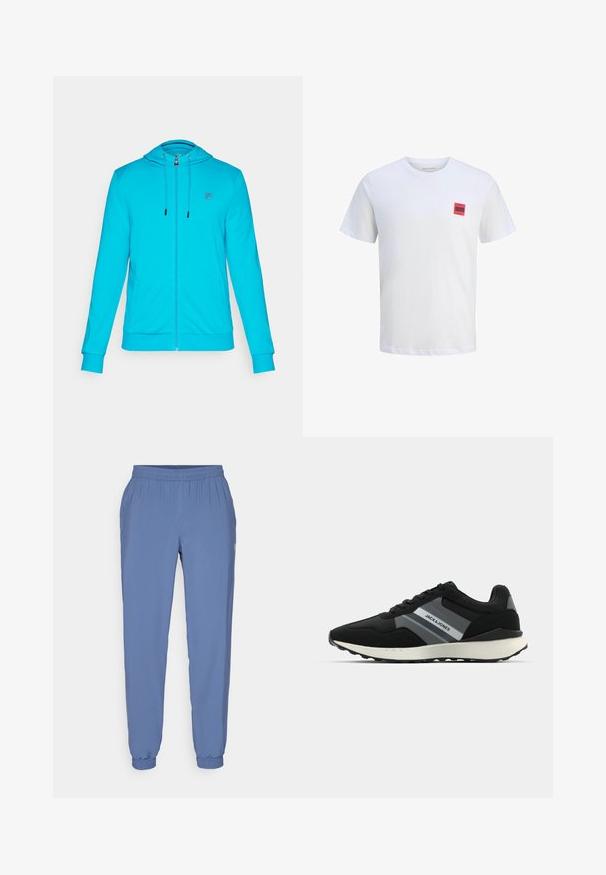 Tirkizna zip-up dukserica s kapuljačom na vezanje, prednjim džepovima i malim logom na prsima. Napravljena od mekane, rastezljive tkanine.; Bijela pamučna majica kratkih rukava, sa malim crvenim kvadratnim zakrpom s crnim tekstom na lijevoj strani grudi. Klasični dizajn s okruglim izrezom.; Plave, lagane hlače za trčanje s elastičnom strukom i manžetama. Imaju glatku teksturu i mali logotip sa strane.; Crne atletske tenisice s teksturiranom gornjom površinom, sivoj akcentima, vezicama i laganom bijelom potplatu. Sadrži logotip branda sa strane.