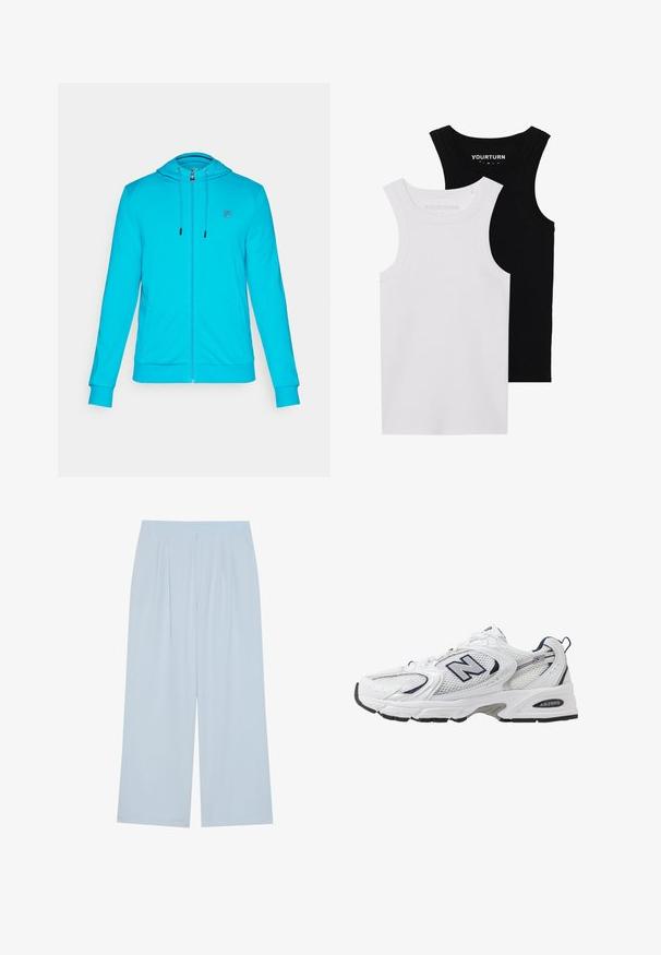 Felpa con zip turchese, dotata di cappuccio con coulisse, tasche frontali e un piccolo logo sul petto. Realizzata in morbido tessuto elasticizzato.; Due magliette attillate in nero e bianco. Realizzate in cotone a coste, presentano spalline larghe e scollature arrotondate. Marchio sul colletto.; Pantaloni a gamba larga blu chiaro realizzati in un materiale morbido, con pieghe frontali e una vita elasticizzata per il comfort.; Scarpa sportiva bianca con tomaia in mesh, dettagli in blu marino e suola imbottita. Presenta il logo "N", lacci e dettaglio texturizzato sul lato.