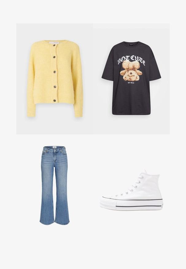 Žuta kardigan izrađena od mekog, teksturiranog materijala, s okruglim izrezom, sedam dugmadi sprijeda i rebrastim manžetama.; Crna oversized majica s grafikom medvjeda i natpisom "NIJE SLATKO, ALI DIVLJE" u podebljanim, bijelim slovima. Pamuk.; Svijetloplave traperice s proširenim nogavicama i visokim strukom, s prednjim džepovima, zatvaranjem na zip i suptilnim izbljeđivanjem. Šavovi su vidljivi duž rubova.; Bijela visoka platnena tenisica s crnom gumenom potplatom, prednjim gumenim zaštitnikom prstiju i šest rupa za vezanje, s čistim, minimalističkim dizajnom.