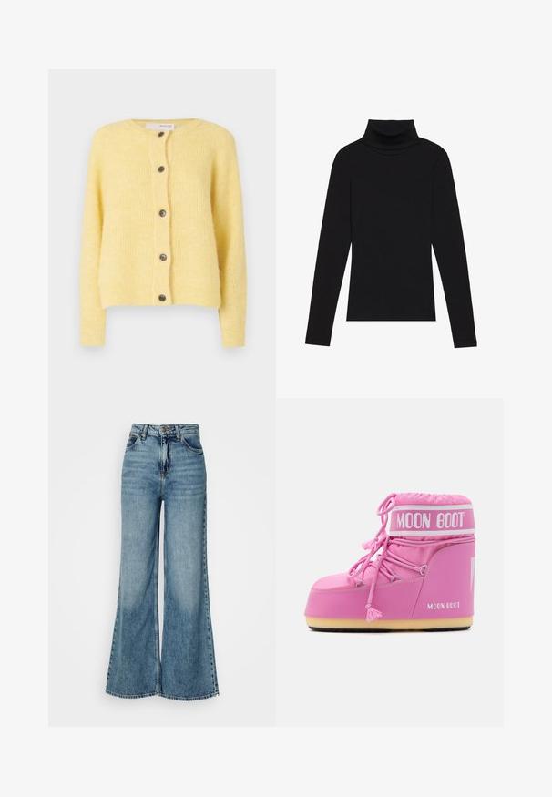Cardigan giallo realizzato in tessuto morbido e texturizzato, con scollatura rotonda, sette bottoni sul davanti e polsini a costine.; Maglione a collo alto nero a maniche lunghe, realizzato in tessuto a coste, presenta un design aderente con un collo alto e senza motivi o dettagli.; Jeans in denim blu chiaro, a vita alta e gamba larga, con tasche frontali e chiusura a bottoni, mostrati su uno sfondo bianco semplice.; Stivale Moon rosa con cima alta, tessuto testurizzato, lacci decorativi e una fascia con logo. Presenta una suola resistente per maggiore stabilità.