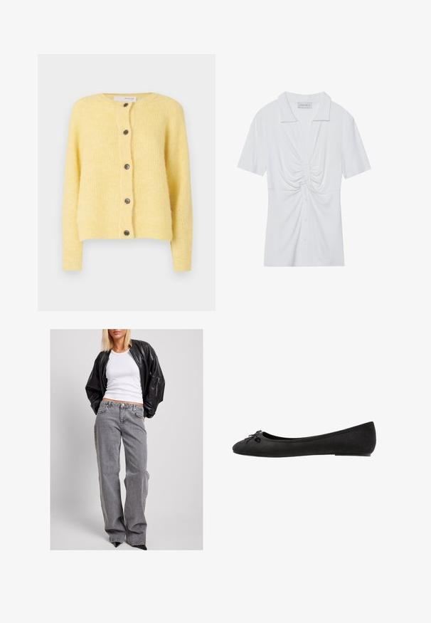 Kollane kardigan, mis on valmistatud pehmest, tekstureeritud kangast, ümmarguse kaelusega, seitsme nupuga esiküljel ja soonikkoes randmetega.; Valge lühikeste varrukatega blouse, millel on krae, esiosas keeratud sõlme detail ja nööpidega sulg. Sile ja sooniline tekstuur.; Mustmust nahk bomber-jope, valge ribaga tank-top ja kõrge vöökohaga hallid teksad, millel on lahti istuv lõige, peened õmblused ja aksenttaskud.; Mustad sametist balleti kingad ümarate varvastega, esiosa kaunistava paeltega ja lame tald. Sile tekstuur ja klassikaline kuju.