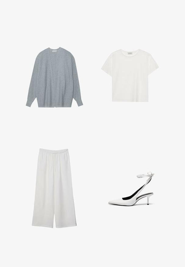 Svetle šedý kardigan vyrobený z měkké tkaniny, s otevřeným předním dílem, dlouhými rukávy a uvolněným střihem se jemnou ribovanou texturou.; Bílé tričko s krátkým rukávem vyrobené z měkké bavlny. Má kulatý výstřih a volný střih. Čistý design bez viditelných vzorů nebo akcentů.; Bílé kalhoty s širokými nohavicemi vyrobené z lehké tkaniny, s elastickým pasem a stahovací šňůrkou pro nastavitelnou velikost. Hladká textura.; Bílé lodičky s špičatou špičkou a s otevřenou patou, opatřené tenkým páskem kolem kotníku. Hladký kožený materiál, tenký jehlový podpatek a černé vnitřní podšívka.