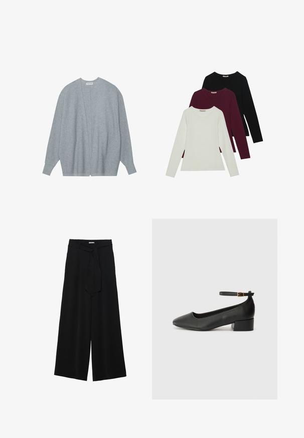Cárdigan gris claro hecho de una tela suave, con un diseño de frente abierto, mangas largas y un corte holgado con una sutil textura acanalada.; Camisetas de manga larga en blanco, burdeos y negro. Fabricadas con una tela suave, con escote redondo y diseño ajustado. Adecuadas para capas.; Pantalones de pierna ancha negros con un tejido texturizado, una cinturilla elástica y un lazo desmontable en la cintura para un ajuste ajustable.; Zapato de tacón negro de cuero con punta afilada y tacón bajo cuadrado. Presenta una correa para el tobillo con una hebilla en tono dorado. Textura suave.