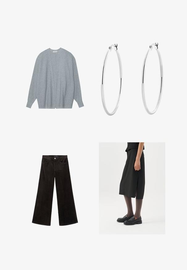 Hellgrauer Cardigan aus weichem Stoff, mit offenem Vorderteil, langen Ärmeln und legerer Passform sowie subtiler Rippstruktur.; Graues geripptes Tanktop mit rundem Halsausschnitt und ohne Ärmel. Weicher Stoff und figurbetontes Design, geeignet für lässige Outfits oder als Schicht. ; Schwarze Corduroy-Hosen mit weitem Bein und hohem Bund, Fronttaschen und einem strukturierten Stoff, ausgestattet mit einem Knopfverschluss und Gürtelschlaufen.; Schwarzer knielanger Rock mit seitlichem Schlitz, kombiniert mit schwarzen Loafers und transparenten braunen Strumpfhosen, aus glattem Stoff und mit einem schlichten Design.; Silberne Creolen mit einer glatten, polierten Oberfläche und nahtlosem Design, versehen mit abgerundeten Kanten und einem sicheren Verschluss.