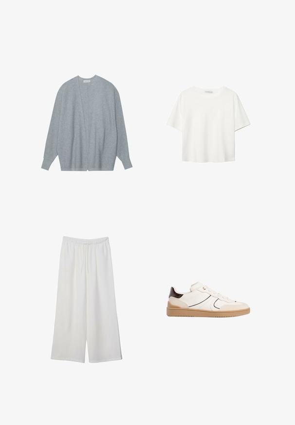 Svetlo šedý cardigan vyrobený z mäkkej tkaniny, so zapínaním na otvorenom prednom diele, dlhými rukávmi a voľným strihom s jemnou ribovanou textúrou.; Biela krátkopsová tričko vyrobené z bavlny. Má okrúhly výstrih a voľný strih. Hladká textúra bez viditeľných vzorov alebo akcentov.; Biele široké nohavice z ľahkého materiálu s elastickým pásom a šnúrkou na nastavenie veľkosti. Hladká textúra.; Stradivarius Tenisky - white