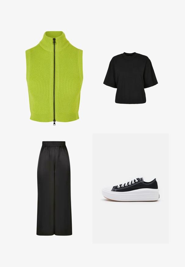 Ujjatlan lime zöld kötött mellény magas gallérral és hosszú fekete cipzárral. Bordás textúrájú és testhez álló fazonú.; Fekete, rövid ujjú, pamut crop póló. Kerek nyakkivágással rendelkezik. Simára készült textúrája van, egyszerű dizájn, nincs rajta további minta.; Fekete, bő szárú nadrág, sima, fényes anyagból, rugalmas derékrésszel, látható zsebek vagy fém részletek nélkül.; Fekete vászon sportcipők fehér fűzővel, fehér gumi orral és vastag fehér középtalppal. Finom fehér varrással és gumi talppal rendelkezik.
