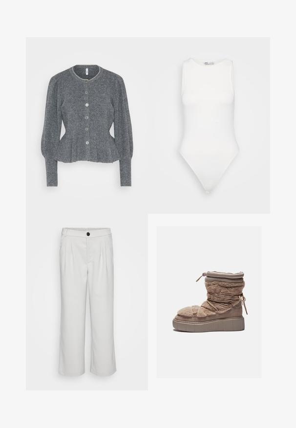 Cardigã cinza tricotado com um gola redonda, mangas longas e cinco botões grandes na frente. Apresenta uma barra em peplum e textura canelada.; Bodysuit branco sem mangas com um decote alto e corte fio dental. Textura suave e silhueta ajustada projetada para um visual justo ao corpo.; Calças brancas de perna larga, feitas de tecido suave, com um efeito plissado na frente e uma cintura elástica com fecho de botão.; Botim curto felpudo em bege com sola de plataforma robusta, parte superior franzida e atacadores elásticos. Apresenta um fecho zip e uma textura de tecido suave.