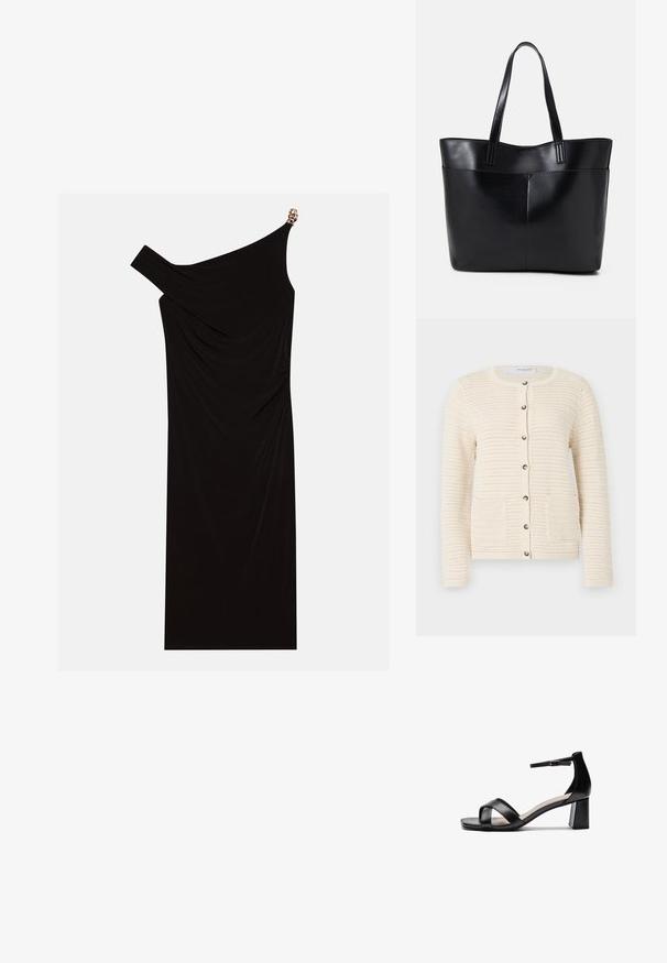 Gebreide cardigan in off-white met een ronde halslijn, knoopsluiting, twee voorzakken en een gestructureerd patroon door de stof.; Zwarte een-schouder jurk gemaakt van gedrapeerde stof met een gouden accent op de schouder, zachte textuur en een knielange ontwerp.; Zwarte open teen hakken sandalen met gekruiste banden, een verstelbare enkelband en een chunky hak, met een gladde leren textuur.; Zwarte leren tote bag met twee lange handvatten, een zachte textuur en een gestructureerde vorm. Voorzien van een voorvak voor extra opslagruimte.