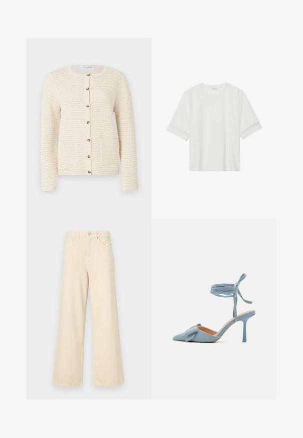 Cardigan en tricot de couleur blanc cassé avec un col rond, une fermeture à boutons, deux poches avant et un motif texturé sur l'ensemble du tissu.; T-shirt blanc à manches courtes en coton, avec des bordures en dentelle décoratives le long des manches et un col rond.; Jean large beige en coton. Doté d'une fermeture à bouton, de passants de ceinture et de poches avant avec une texture douce et lisse.; Escarpin à bout pointu en tissu bleu clair avec une finition texturée, muni d'un accent en nœud et d'une bride à la cheville pour un maintien sécurisé.