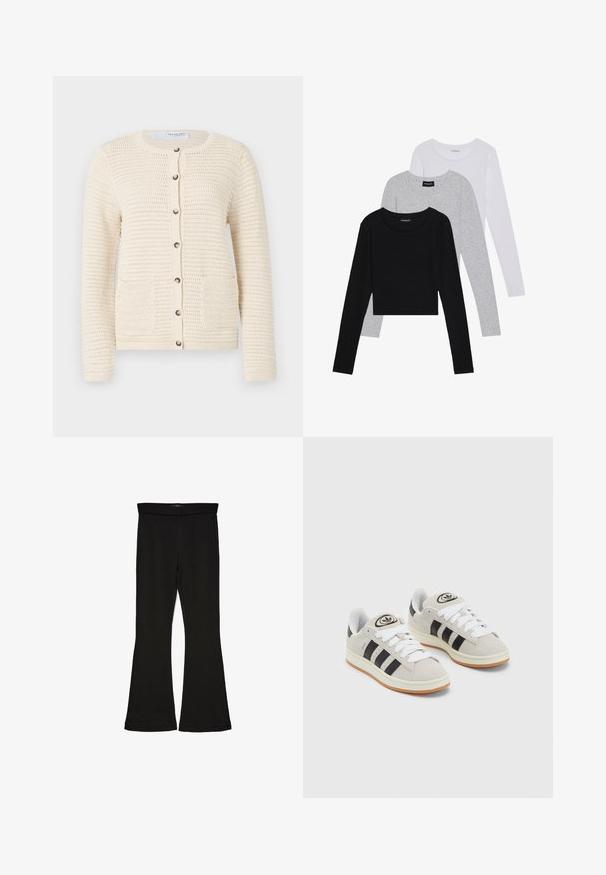 Cardigan in maglia di colore avorio con scollatura rotonda, chiusura a bottoni, due tasche frontali e motivo testurizzato su tutta la stoffa.; Tre magliette a maniche lunghe impilate: nera, grigia e bianca. Ognuna ha un colletto rotondo e un design accorciato con tessuto morbido e leggero.; Leggings a zampa nera realizzati in un tessuto elasticizzato. Presentano una vita alta e una superficie liscia, con una silhouette aderente che si ampia all'orlo.; Sneakers in suede grigio con lacci bianchi, strisce nere e suola in gomma bianca. Presentano un logo circolare sulla linguetta e una suola in gomma.