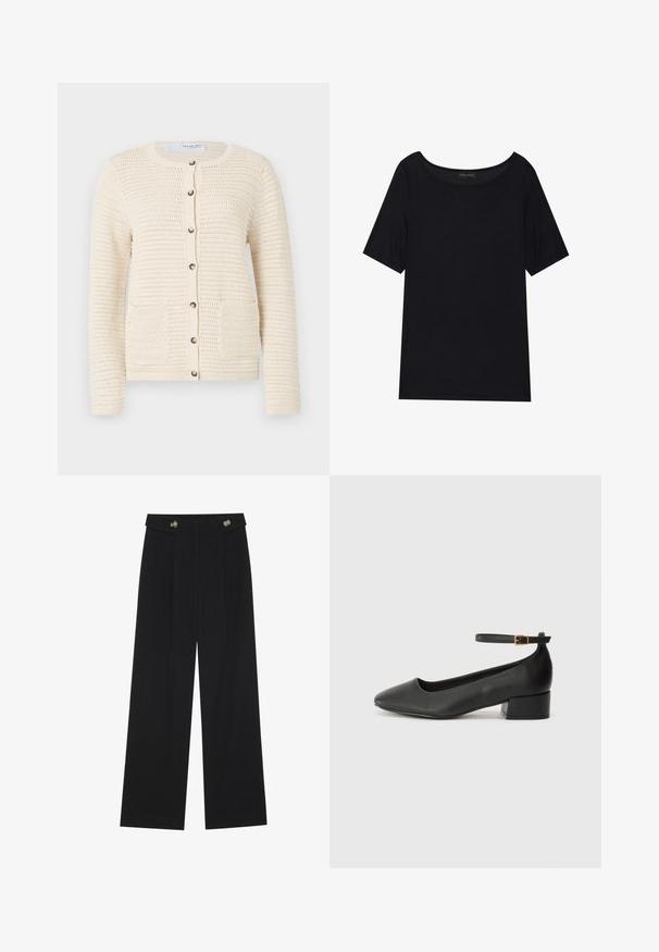 Cardigã de malha em off-white com gola redonda, fecho de botão, dois bolsos frontais e padrão texturizado por todo o tecido.; T-shirt preta de mangas curtas com um decote largo. Feita de um tecido leve e suave. Design simples, sem padrões nem detalhes.; Calças largas pretas com cintura alta, detalhes em botão na cintura e pregas frontais.; Sandal de pele preta com bico pontiagudo e um salto bloco baixo. Apresenta uma tira no tornozelo com uma fivela em tom dourado. Textura suave.