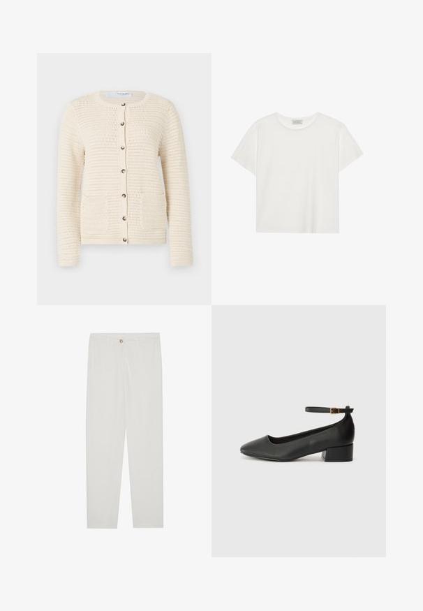 Pletený kardigan v barvě slonové kosti s kulatým výstřihem, zapínáním na knoflíky, dvěma předními kapsami a texturovaným vzorem v celé látce.; Bílé tričko s krátkým rukávem vyrobené z měkké bavlny. Má kulatý výstřih a volný střih. Čistý design bez viditelných vzorů nebo akcentů.; Bílé kalhoty na míru s rovnými nohavicemi, se zapínáním na knoflík, poutky na opasek a bočními kapsami; hladká struktura látky.; Černé kožené lodičky s špičatou špičkou a nízkým blokovým podpatkem. Obsahují pásek kolem kotníku se zlatou sponou. Hladký povrch.