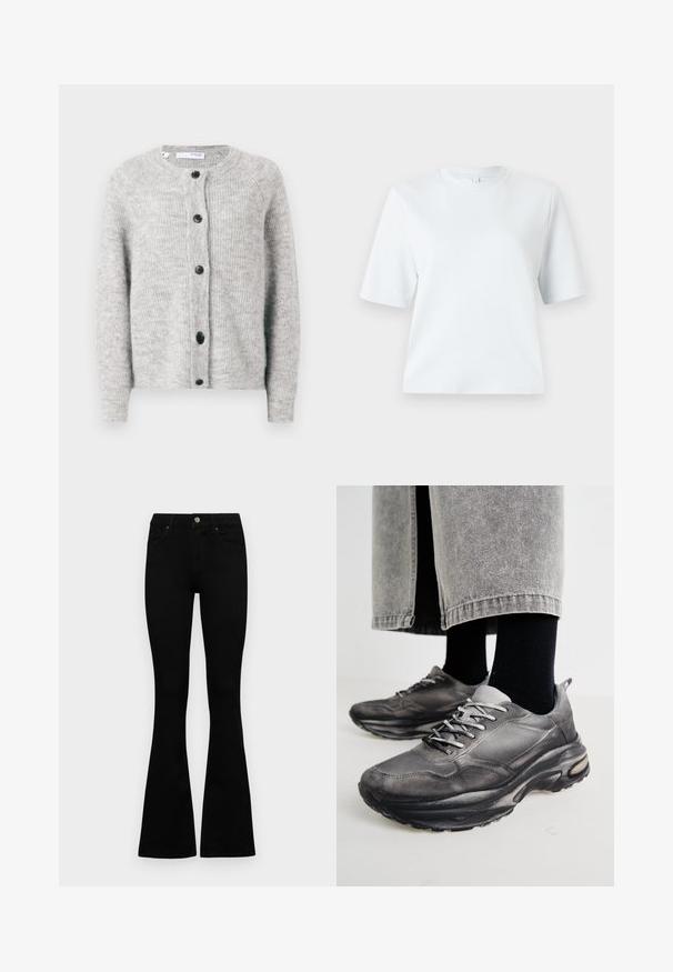 Cardigan cinza de malha feito de um tecido suave e texturizado. Apresenta um decote redondo, cinco botões escuros e mangas longas com punhos canelados.; T-shirt azul claro de mangas curtas, feita de algodão macio. Apresenta um decote redondo clássico e um corte descontraído, sem padrões ou detalhes.; Jeans pretos de cintura alta com fecho de botão e zíper, bolsos frontais e pernas largas dispostos em cima de um fundo branco.; Sapatilhas atléticas pretas e cinzentas apresentam um upper em malha, solas espessas e atacadores. Têm um bico arredondado e detalhes de amortecimento visíveis.