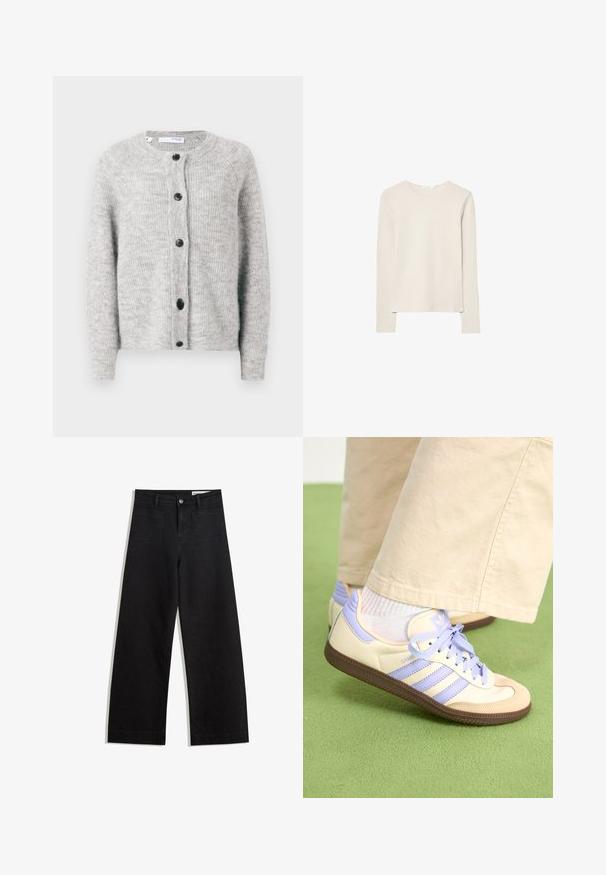 Sivi pleteni kardigan izrađen od mekog, teksturiranog materijala. Ima okrugli izrez, pet tamnih dugmadi i duge rukave s rebrastim manžetama.; Svijetlo bež majica dugih rukava napravljena od mekanog materijala, s okruglim izrezom i opuštenim krojem s ravnim rubom i minimalnim detaljima šivanja.; Crne široke traperice s visokim strukom, s prednjim i stražnjim džepovima, šivenim šavovima i kopčanjem na gumb. Glatka tekstura.; Kremasto-ljubičaste tenisice s tri pruge i strukturiranim smeškim potplatom, s vezicama i podstavljenim petom. Mekana gornja tkanina.