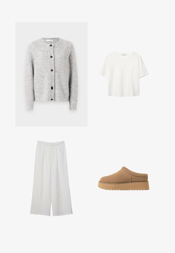 Sivi pleteni kardigan iz mehkega, teksturiranega blaga. Ima okroglo izreza, pet temnih gumbov in dolge rokave s rebrastimi manšetami.; Bela kratka majica s kratkimi rokavi iz bombaža. Ima okroglo izrezovanje in sproščen kroj. Gladka tekstura brez vidnih vzorcev ali poudarkov.; Bele široke hlače iz lahkega materiala, ki imajo elastičen pas in vrvico za prilagajanje. Gladka tekstura.; Rjave natikače z mehko teksturo, zaobljenim nosom in debelim, rebrastim podplatom. Imajo subtilno šivanje na strani.