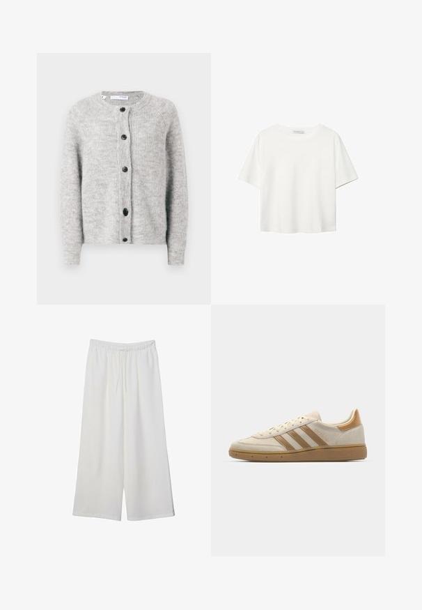 Szara dzianinowa kardigan wykonana z miękkiej, teksturowanej tkaniny. Posiada okrągły dekolt, pięć ciemnych guzików oraz długie rękawy z prążkowanymi mankietami.; Biała koszulka z krótkim rękawem, wykonana z bawełny. Posiada okrągły dekolt i luźny krój. Gładka faktura bez widocznych wzorów czy akcentów.; Białe szerokie spodnie wykonane z lekkiego materiału, z elastyczną talią i sznurkiem do regulacji fasonu. Gładka tekstura.; Beżowe zamszowe sneakersy z jasnobrązowymi akcentami. Posiadają trzy brązowe paski, teksturowaną gumową podeszwę oraz okrągły ksztalt czubka.