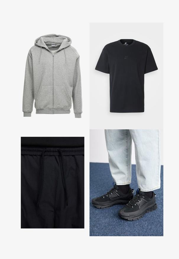 Sudadera con cremallera gris, con una capucha amplia, bolsillos tipo canguro y puños acanalados. La tela parece suave y texturizada, adecuada para el uso casual.; Camiseta negra de algodón de Nike con un clásico cuello redondo, mangas cortas y un sutil logo en relieve en el pecho. Textura suave.; Pantalones cortos negros con cinturilla ajustable, tejido ligero con una textura suave y un diseño sencillo sin logotipos visibles ni patrones.; Zapatillas deportivas negras con tejido texturizado y suelas de goma, con cordones elásticos y un acento azul en el talón. Combinadas con pantalones de mezclilla claros.