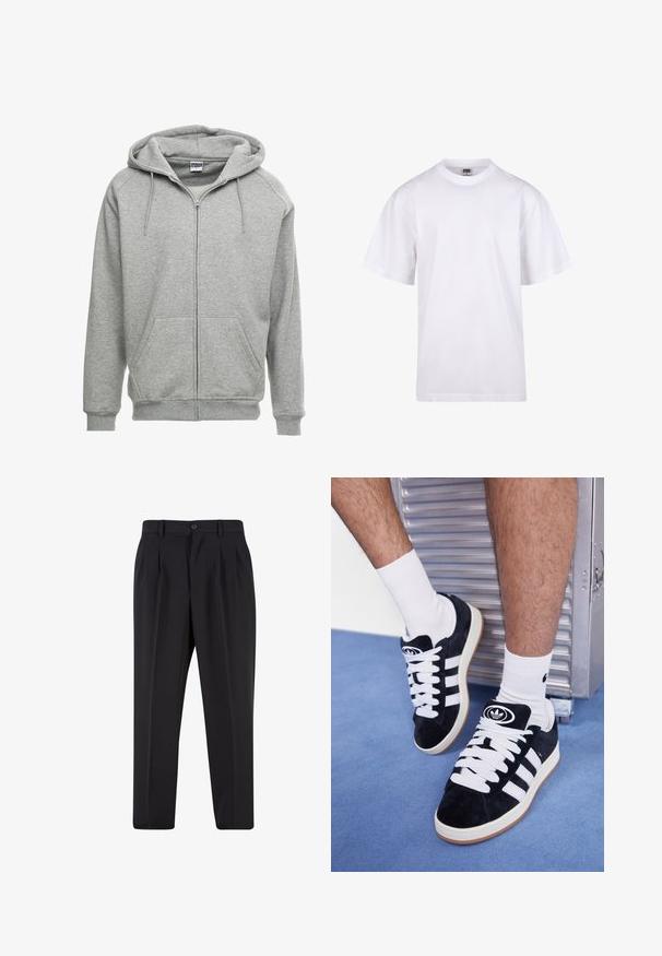 Grå zip-up hoodie med en rymlig huva, kängurufickor och ribbade manchetter. Tyget verkar mjukt och strukturerat, lämpligt för avslappnad klädsel.; Vit bomullströja med rund halsringning, korta ärmar och en avslappnad passform. Har en enkel design utan mönster eller accenter.; Svarta byxor med plisserad design framtill, tillverkade av slätt tyg. Har en knappstängning och bälteshällor; rak passform.; Svarta mockaskor med vita snören och tre vita ränder. Har en rund svart logotyp på tungan och en gumminnedgummisula.