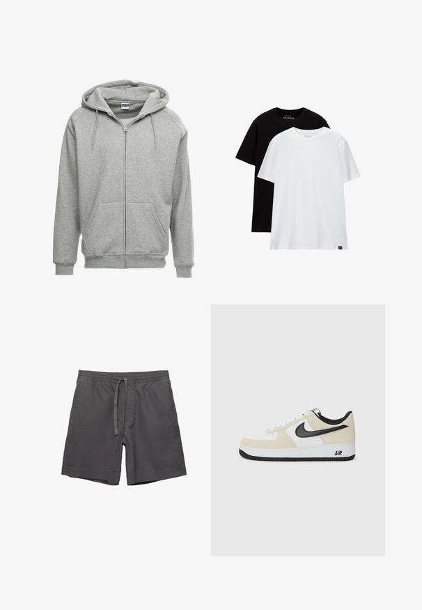 Sivi dukserica sa zatvaračem i prostranom kapuljačom, kengurudžepovima i rebrastim manžetama. Tkanina izgleda mekano i teksturirano, pogodno za svakodnevno nošenje.; Dva obična majice regularnog kroja, jedna crna i jedna bijela, izrađene od pamuka. Svaka ima okrugli izrez i kratke rukave. Jednostavan dizajn, bez uzoraka.; Sive kratke hlače od pamuka s elastičnim pojasom, podesivim vezicom, bočnim džepovima i opuštenim krojem. Glatka tekstura i dizajn do koljena.; Tenisice sa svijetlosmešavom suedinom i bijelim kožnim gornjištem, crnim Nike swoosh-om, crnim detaljima i bijelom gumiranom potplatom s "AIR" brendingom.