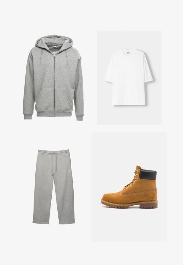 Felpa grigia con zip, dotata di un ampio cappuccio, tasche a marsupio e polsini a costine. Il tessuto appare morbido e strutturato, adatto per un abbigliamento casual.; T-shirt bianco a maniche corte realizzato in cotone, con scollatura rotonda e vestibilità rilassata. Texture liscia, senza motivi o dettagli visibili.; Pantaloni sportivi grigi realizzati in tessuto morbido, con vita elastica, cordoncino regolabile e tasche laterali. Presenta un piccolo logo bianco.; Stivale alla caviglia in suede tan con collare imbottito nero, occhielli in metallo dorato, dettagli in cucitura bianca e suola in gomma robusta con battistrada pronunciato.