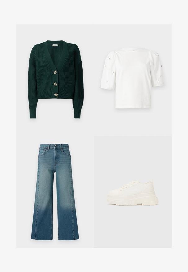 Cardigã verde tricotado com um decote em V profundo, quatro botões grandes e textura em canelado. Apresenta mangas longas e um design cropped.; T-shirt branca de algodão com mangas puff curtas, apresentando pequenos embellissements prateados ao longo das mangas. Decote redondo clássico, corte descontraído.; Calças de ganga de perna larga em um azul médio, apresentando um efeito de degradação do mais escuro para o mais claro. Feitas de ganga com um design tradicional de cinco bolsos.; Sapatilhas brancas em lona com sola espessa, biqueira arredondada e cinco ilhós para atacadores. Laço traseiro para calçar facilmente. Textura suave, design minimalista.