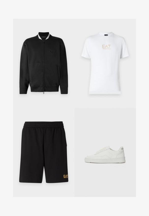 Juodas bomber tipo švarkas su užtrauktuku priekyje, raukinėta apykakle ir siuvinėtu logotipu. Turi dvi šonines kišenes ir lygų audinio paviršių.; Balta medvilninė marškinėlių su apvaliu kaklu ir trumpomis rankovėmis, priekyje spausdintas auksinis EA7 Emporio Armani logotipas.; Juoda sportinė šortai, pagaminti iš minkštos medžiagos, su elastingu diržu ir maža geltona EA7 logo apatinėje kairėje kojoje.; Balti odiniai sportiniai bateliai su lygia apdaila, apvaliu pirštu, plokščiais raišteliais ir tekstūruotu padu. Pasižymi subtiliu logotipu ant kulno.