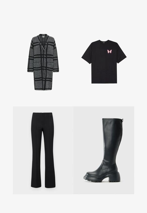 Pelēka garā kardigāna ar melnu pārbaudes rakstu, izgatavota no teksturētas auduma, ar V-veida kakla izgriezumu, garām piedurknēm un divām priekšējām kabatām.; Melna kokvilnas T-krekls ar īsām piedurknēm, kuram priekšā kreisajā pusē ir neliels rozā tauriņa grafiskais attēls. Ar apaļu kaklu un brīvā stila piegriezumu.; Melnas flared bikses ar ribotu tekstūru un pieguļošu vidukli. Dizainā ir vertikālas šuves, lai radītu plūdenu izskatu. Nav redzamu aprīkojumu.; Augstas melnas ādas zābakus ar masīvu platformu un bloka papēdi, ar vilkšanas cilpu un strukturētu profilu uz ārējā zoles.