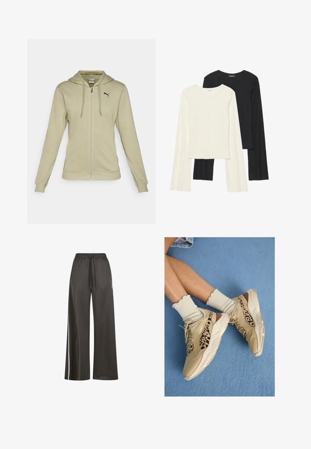 Svetlo olivnozeleno zadrževalo zadrževalo z zadrževalci, izdelano iz mehkega blaga, z kenguru žepom, narebrenimi manšetami in črnim logotipom Puma na prsih.; Nabor dveh dolgih rokavov v beli in črni barvi. Žameten vzorec, okrogla ovratnica, prilegajoča zasnova z rahlo razširjenimi rokavi.; Temno sivi široki hlače s elastiko in vrvico v pasu. Imajo bele stranske črte in gladko, lahko teksturo.; Prepletene noge, obute v bež Puma superge z leopardjim vzorcem črt in nagubanimi kremnimi nogavicami na modrem preproganem tle.