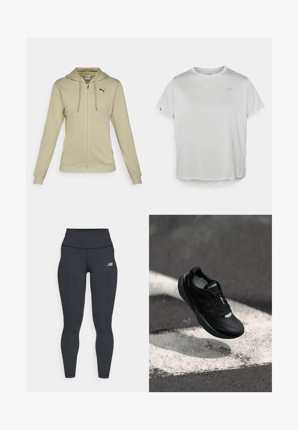 Svetlo olivnozeleno zadrževalo zadrževalo z zadrževalci, izdelano iz mehkega blaga, z kenguru žepom, narebrenimi manšetami in črnim logotipom Puma na prsih.; Svetlo siva, kratkodlaka atletska majica z mrežastim materialom in diskretnim modrim logotipom spredaj. Okrogla obroba na dnu.; Črne atletske leggins hlace z visokim pasom, ki imajo gladko teksturo in majhen bel logotip New Balance na stegnu.; Črne tekaške čevlje z teksturirano zgornjim delom, eleganten dizajn in odsevne detajle. Imajo mehak, oblazinjen podplat za udobje.