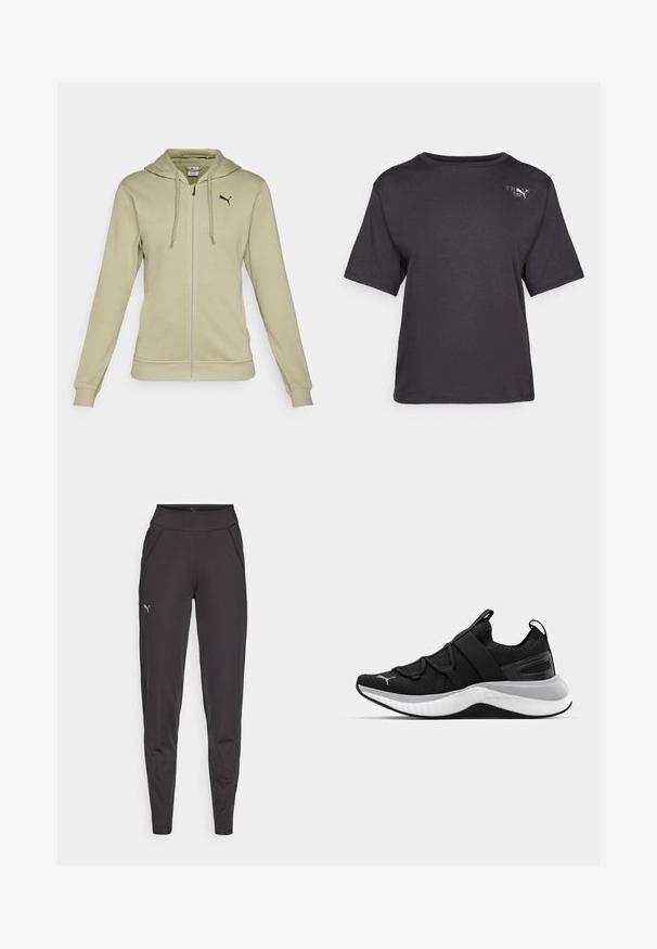 Lys olivengrøn zip-up hoodie lavet af blødt stof, med en kengurupocket, ribbede manchetter og et sort Puma-logo på brystet.; Sort kortærmet t-shirt lavet af blødt stof, med rund halsudskæring og et lille logo på øverste venstre side.; Sorte atletiske leggings lavet af strækbart stof, med en høj talje, sidelommer og et lille reflekterende logo på venstre lår.; Sort atletiksko med en struktureret overdel, elastiske stropper og en tyk hvid mellemsål. Har en grå accent langs sålen.