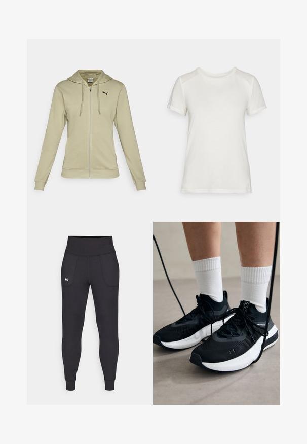 Haut à fermeture éclair vert olive clair en tissu doux, avec une poche kangourou, des poignets côtelés et un logo Puma noir sur la poitrine.; T-shirt blanc à manches courtes en tissu doux, avec un col rond et une coupe décontractée, dotée d'accents d'épaules lisses et sans couture.; Leggings de sport noirs en matière extensible, avec une taille haute, des poches latérales et des poignets ajustés au niveau des chevilles.; Chaussures de sport noires en tissu texturé, avec une semelle blanche et des lacets noirs. Portées avec des chaussettes blanches côtelées, debout sur une surface claire.