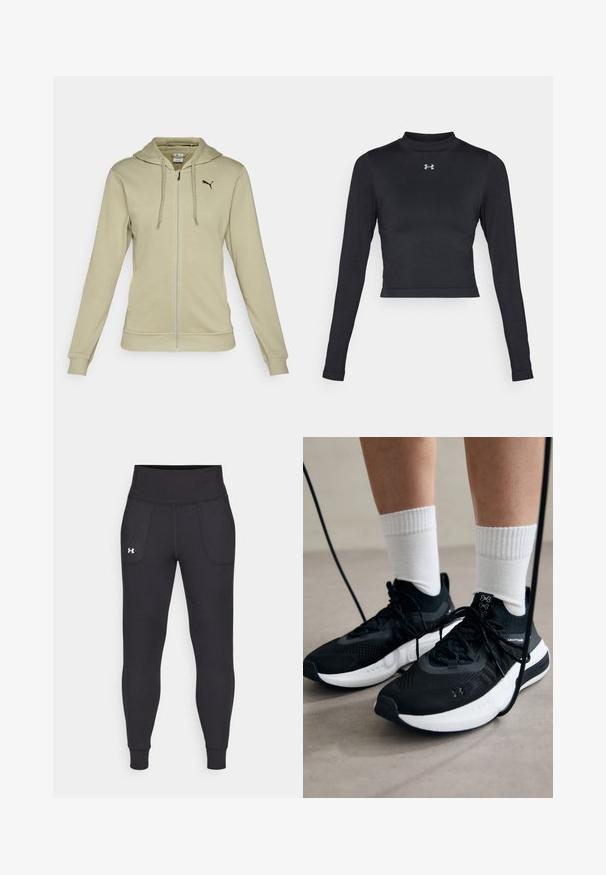 Jasnooliwkowy rozpinany hoodie wykonany z miękkiego materiału, z kieszenią typu kangur, ściągaczami na rękawach oraz czarnym logo Pumy na klatce piersiowej.; Czarny krótki top z długim rękawem, wykonany z gładkiego, elastycznego materiału, z wysokim dekoltem oraz małym, odblaskowym logo na piersi.; Czarne legginsy sportowe wykonane z elastycznego materiału, z wysokim stanem, bocznymi kieszeniami i dopasowanymi mankietami przy kostkach.; Czarne buty sportowe z teksturowanym materiałem, białą podeszwą i czarnymi sznurowadłami. Nosi je osoba w białych skarpetkach w prążki, stojąca na jasnej powierzchni.