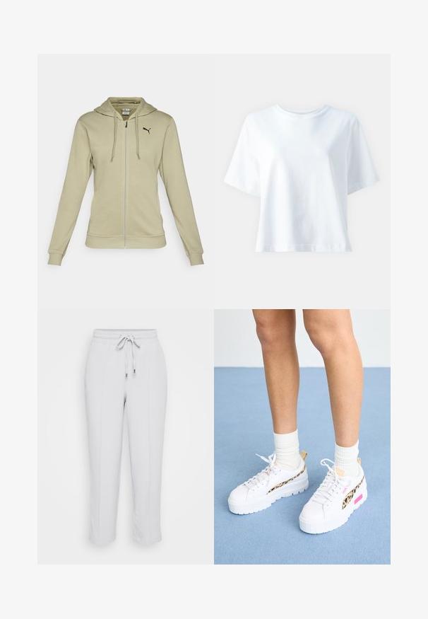 Svetlo olivnozeleno zadrževalo zadrževalo z zadrževalci, izdelano iz mehkega blaga, z kenguru žepom, narebrenimi manšetami in črnim logotipom Puma na prsih.; Bela bombažna majica s kratkimi rokavi in krožnim izrezom, sproščenega kroja in gladke teksture. Ni vidnih vzorcev ali dodatkov.; Svetlo sivi hlače z elastičnim pasom in nastavljivo vrvico, z dvema stranskima žepoma in zožano obliko nogavic. Gladka tekstura tkanine.; Puma MAYZE - Športni copati - white/granola