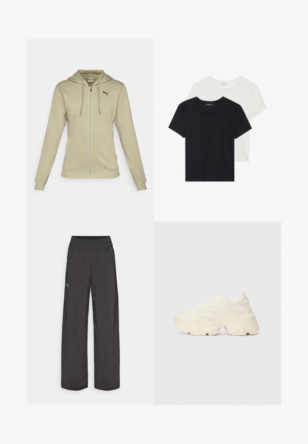 Light olive green zip-up hoodie made of soft fabric, featuring a kangaroo pocket, ribbed cuffs, and a black Puma logo on the chest.; Two short-sleeve T-shirts in black and white. Made of soft cotton, featuring a round neckline and standard fit with minimal stitching detail.; Black athletic pants with a wide waistband, side pockets, and flat seams. Features a small logo on the left leg. Made from smooth, stretchy fabric.; Chunky white sneakers made of textured mesh and synthetic materials, featuring a thick sole and intricate pattern details along the sides.