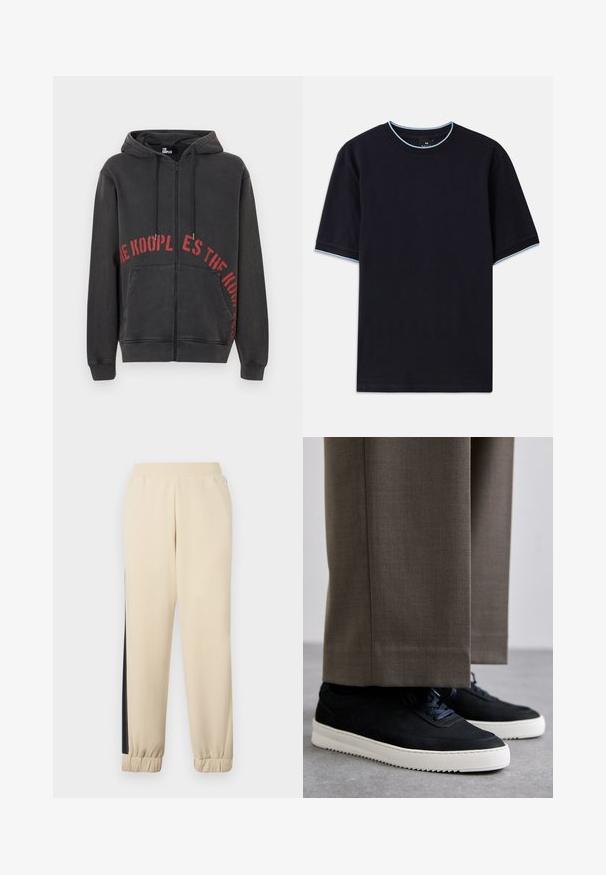 Črna zip-up kapuca iz bombaža, ki ima spredaj rdeč krožni napis in dva stranska žepa. Mehak, teksturiran material.; Temno modra kratka majica s kratkimi rokavi in okroglim izrezom, s svetlo modrimi poudarki na ovratniku in rokavih. Narejena iz mehke bombažne tkanine.; Kremne kulot hlače z črnimi stranskimi črtami, elastičnim pasom in rebrastimi manšetami. Mehka tkanina z udobnim krojem.; Črne nubuk teniske z belimi gumijastimi podplati, ki imajo zaobljen nos in vezalke, oblečene z sivimi krojenimi hlačami.