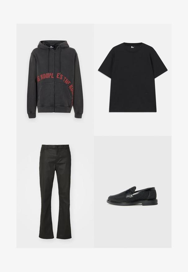 Μαύρο φούτερ με φερμουάρ από βαμβάκι, με κόκκινο κυκλικό σχέδιο κειμένου μπροστά και δύο πλαϊνές τσέπες. Μαλακό, υφή ύφασμα.; Μαύρο κοντομάνικο μπλουζάκι από βαμβάκι, με στρογγυλή λαιμόκοψη και μια μικρή λεπτομέρεια λογότυπου κοντά στο στρίφωμα. Λείος υφασμάτινος χαρακτήρας, κανονική εφαρμογή.; Μαύρα φλορά παντελόνια από ύφασμα με μίγμα βαμβακιού, με κλείσιμο με κουμπί, πέντε τσέπες και μια διακριτική γυαλάδα στην υφασμάτινη επιφάνεια.; Μαύρο πλεκτό παπούτσι slip-on με λείο δερμάτινο στοιχείο στο άνω μέρος, στρογγυλή μύτη και χαμηλό καουτσούκ πάτο.
