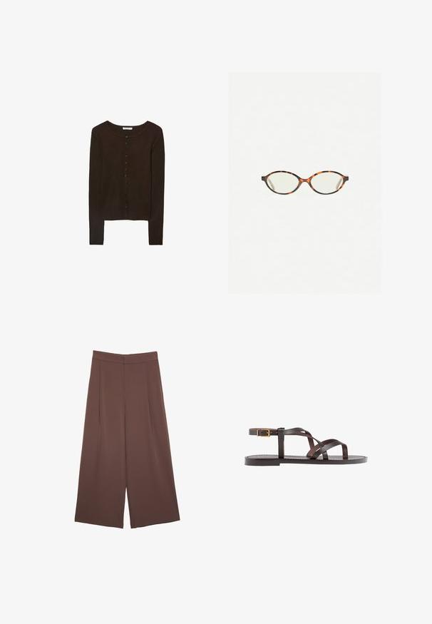 Ruskea ribattu villatakki, jossa on pyöreä kaula-aukko, viisi nappia edessä ja pitkät hihat. Materiaali näyttää pehmeältä ja teksturoidulta.; Valkoinen T-paita, joka on valmistettu pehmeästä ja kevyestä kankaasta. Omistaa pyöreän kaula-aukon ja lyhyet, leveät hihat rentoa istuvuutta varten. Ei näkyviä kuvioita.; Ruskeat leveälahkeiset housut, joissa on sileä pinta, korkea vyötärö ja etupleat. Kangas on kevyttä ja laskeutuu väljänä.; Ruske kožne sandale s križnim trakama, zatvaranjem na kopču oko gležnja i ravnim potplatom s minimalnim detaljima šivanja.; Kilpikonnakuosiset silmälasit, joissa on soikeat linssit ja tyylikäs, sileä pinta. Ominaisuudet: ohuet sivut, joissa on hienovarainen kaari temppeleissä. Kirkkaat linssit.