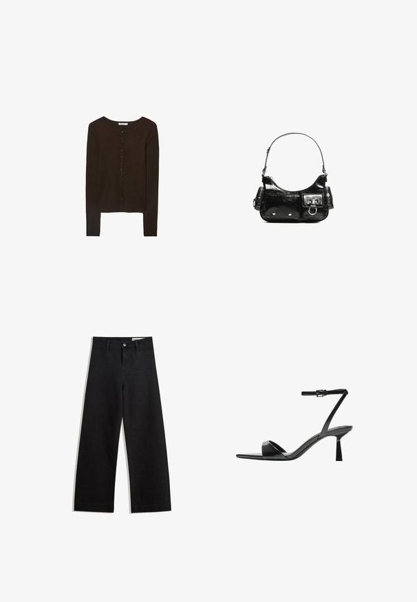Brauner gerippter Cardigan mit Rundhalsausschnitt, versehen mit fünf Knöpfen auf der Vorderseite und langen Ärmeln. Das Material wirkt weich und strukturiert.; Weißes T-Shirt aus weichem, leichtem Stoff. Mit runder Halslinie und kurzen, weit geschnittenen Ärmeln für einen lässigen Sitz. Keine sichtbaren Muster.; Schwarze weit geschnittene Jeans mit hoher Taille, ausgestattet mit Vorder- und Hintertaschen, gesteppten Nähten und einem Knopfverschluss. Glatte Textur.; Bershka High Heel Sandalette - black; Schwarze Lackleder-Handtasche mit geschwungenem Design, einem Schulterriemen, Vordertaschen und silberfarbenen Hardware-Akzenten.