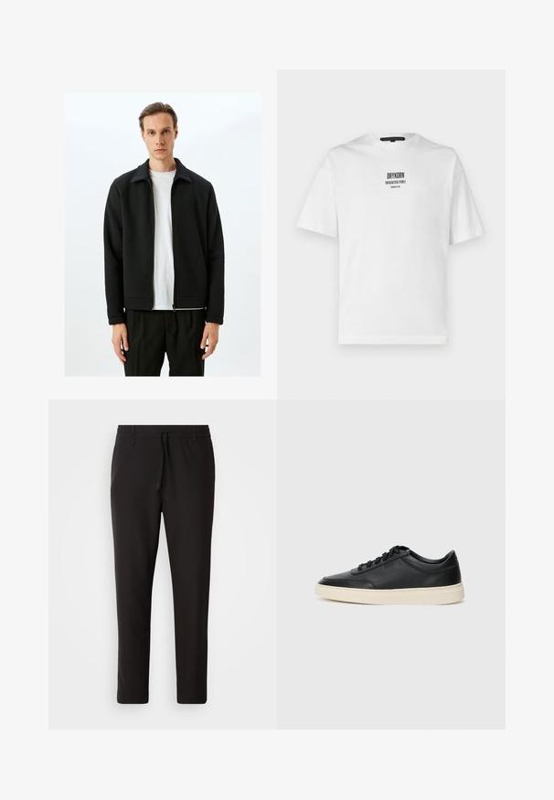 Chaqueta negra con cremallera y cuello alzado, hecha de tejido texturizado. El diseño presenta un corte recto y puños acanalados, llevada sobre una camisa blanca.; Camiseta de algodón blanca con mangas cortas, escote redondo y texto impreso en negro "DRYKORN FOR BEAUTIFUL PEOPLE" en la parte frontal.; Pantalones de chándal negros de tejido suave. Cuentan con una cintura elástica con cordón, piernas ajustadas y sin bolsillos visibles. Diseño sencillo.; Zapatilla negra de piel de caña baja con cordones negros y suela color crema, mostrada en perfil lateral sobre fondo blanco.