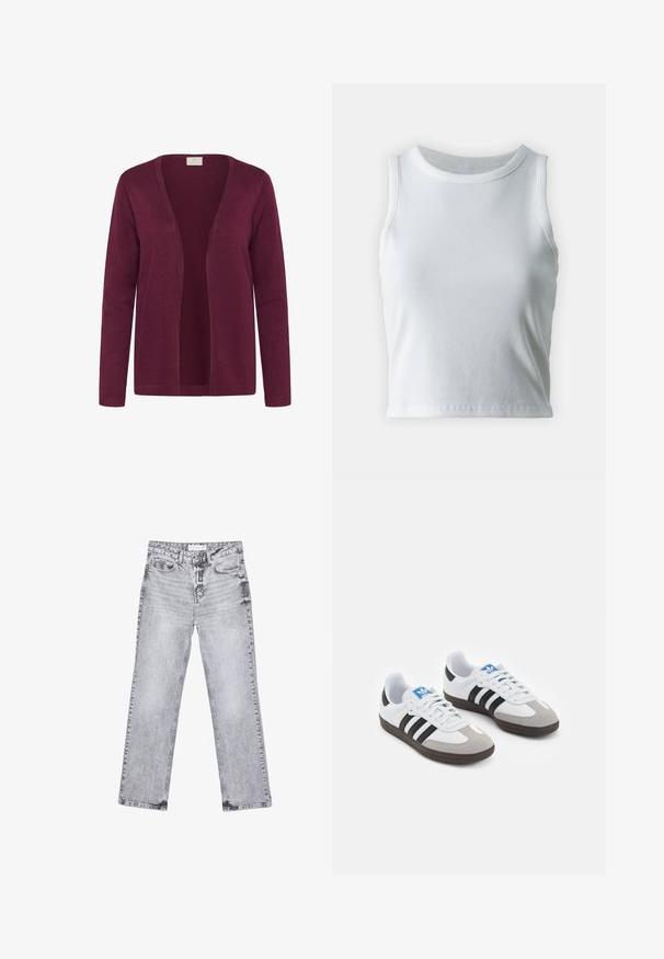 Burgundinvärinen neuletakki, valmistettu pehmeästä materiaalista, avoin etuosa, pitkät hihat ja yksinkertainen neulostekstuuri. Ei kiinnityksiä tai koristeita.; Valkoinen poimutettu hihaton toppi, jossa on pyöreä kaula-aukko, suora helma ja sileä, joustava materiaali.; Harmaat farkut suoran lahkeen leikkauksella, kulutettu yksityiskohtia, viisi taskua ja kuparinappi. Vyötärönauha sisältää logotagin.; Urheilukengät, joissa on valkoinen nahkainen päällinen, harmaa mokkanokka ja kolme mustaa raitaa. Ominaisuuksina sininen logo kielekkeessä ja kuvioitu kumipohja.