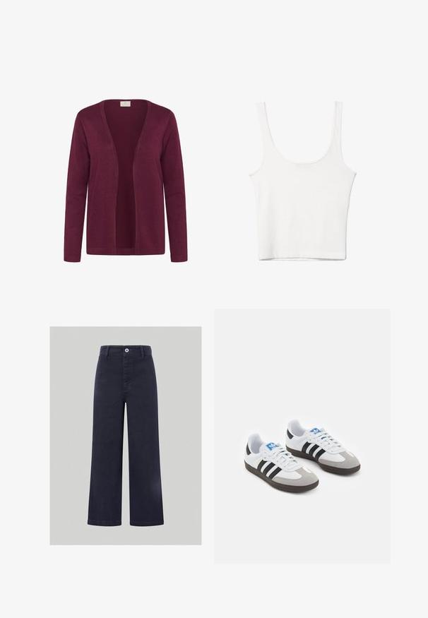 Bordový kardigán, vyrobený z mäkkej tkaniny, otvorený predný dizajn s dlhými rukávmi a jednoduchou pletenou textúrou. Bez zapínania alebo ozdôb.; Biely bavlnený top bez rukávov s okrúhlym výstrihom a priliehavým strihom. Hladká textúra, jednoduchý dizajn a minimálne švy.; Široké nohavice v námornickej modrej farbe, vyrobené z hladkej zmesi bavlny, s predným zapínaním na gombík a prešitými detailmi pozdĺž pásu a vreciek.; Športové topánky s bielym koženým zvrškom, šedou semišovou špičkou a tromi čiernymi pruhmi. Obsahujú modré logo na jazyku a štruktúrovanú gumovú podrážku.