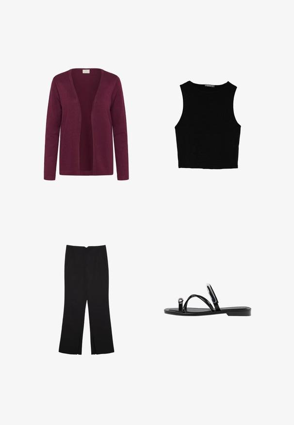 Bordový kardigán, vyrobený z mäkkej tkaniny, otvorený predný dizajn s dlhými rukávmi a jednoduchou pletenou textúrou. Bez zapínania alebo ozdôb.; Čierny bezrukávový crop top vyrobený z hladkej tkaniny, so zaobleným výstrihom a čistým, jednoduchým dizajnom bez vzorov alebo kovania.; Čierne nohavice so strihom rovného strihu, s prednými vreckami a bočnými rozparkami na leme. Vyrobené z mäkkej, hladkej tkaniny. Vhodné na rôzne príležitosti.; Čierne ploché sandále s lesklým povrchom, tromi tenkými popruhmi a okrúhlou kovovou ozdobou na prste. Elegantný dizajn s minimálnym podpätkom.