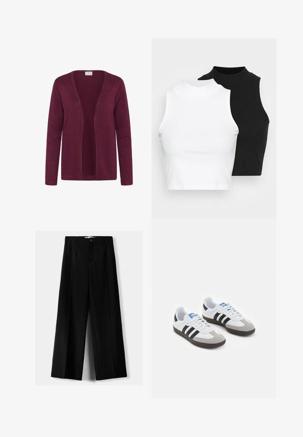 Cardigan bordeaux, realizat dintr-un material moale, cu un design deschis în față, mâneci lungi și o textură simplă de tricot. Fără închideri sau embellismente.; Două bluze fără mâneci, cu guler înalt, în culorile negru și alb, având un design ajustat și o textură netedă, cu o lungime scurtă.; Pantaloni negri cu picior larg, fabricați dintr-un material ușor, cu închidere frontală cu nasture și față plată, având tivuri cusute cu atenție.; Încălțăminte sport cu un superior din piele albă, vârf din suede gri și trei dungi negre. Prezintă un logo albastru pe limbă și o talpă din cauciuc texturat.