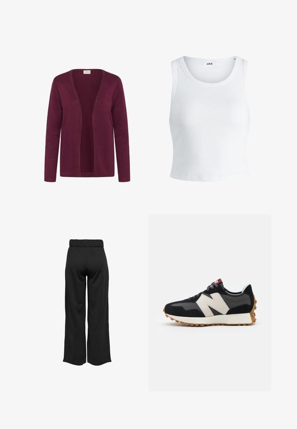 Vinröd cardigan av mjukt material, öppen framsida med lång ärm och en enkel stickad struktur. Ingen knäppning eller prydnader.; Vit ribbade linne med rund halsringning, ärmlös design och kort längd. Märket säger "JJXX." Slät tygkvalitet.; Svarta, vida byxor med elastisk midja, tillverkade av en mjuk tyg. Har en ren design utan fickor eller synliga sömdetaljer.; Svart och grå mocka sneaker med en stor krämfärgad "N"-logotyp, lila snören och en texturerad gummisula.