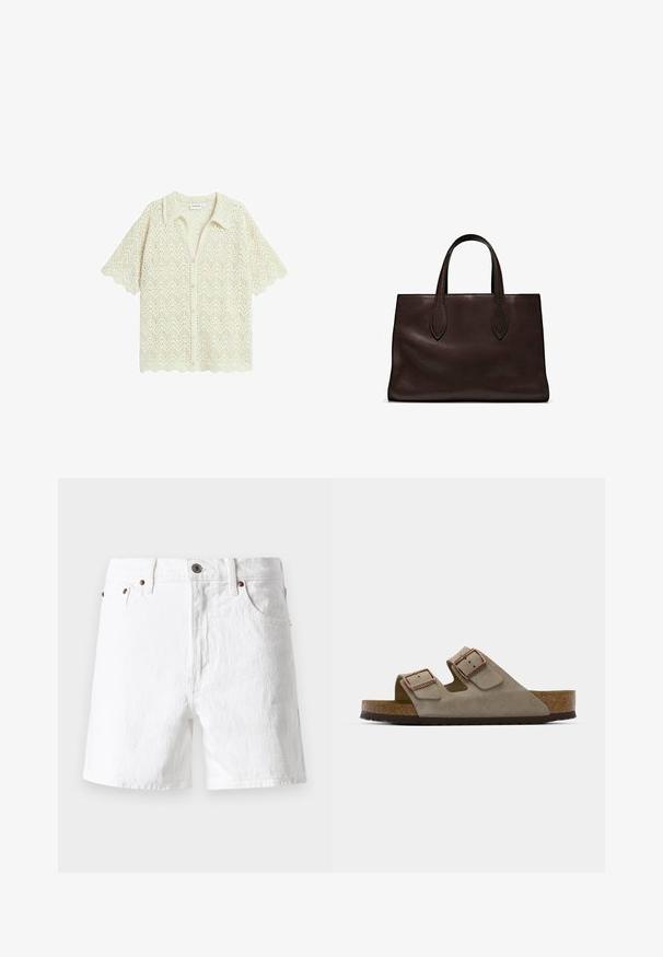 Crème haakgehaakte cardigan met een zigzagpatroon, korte mouwen, een kraag en een gegolfde zoom met knoopsluitingen.; Lichtblauw overhemd met verticale witte strepen, een puntige kraag, lange mouwen en een afgeronde onderkant. Gemaakt van een gladde stof met een relaxed fit.; Witte denim shorts met een klassiek ontwerp, vijf zakken, koperen knoopaccenten en een licht gestructureerde stofafwerking.; Suède slipper in lichtgrijs met twee verstelbare gespen, een kurken tussenzool en een gestructureerde rubberen buitenzool.; Bruine leren tote bag met twee verlengde handvatten, gestructureerde rechthoekige vorm, gladde textuur en subtiele stiksels.; Zilverkleurige creolen met een rij transparante stenen en een ronde kristallen hanger aan elke. Gepolijst metaal, slank ontwerp.