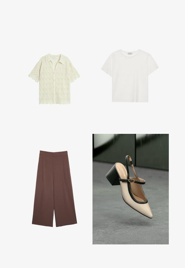 Cremfarbener Häkel-Cardigan mit Chevron-Muster, kurzen Ärmeln, Kragen und gewelltem Saum sowie Knopfverschluss.; Weißes T-Shirt mit kurzen Ärmeln aus weicher Baumwolle. Verfügt über einen runden Halsausschnitt und eine lockere Passform. Sauberes Design ohne sichtbare Muster oder Akzente.; Braune Weite-Leg-Hosen mit einer glatten Textur, hoher Taille und Vorderfalten. Der Stoff ist leicht und fällt locker.; Beige Slingback-Schuh mit spitzer Zehenpartie, schwarzer Umrandung, goldener Schnalle und dicker Blockabsatz auf grauem Boden vor dunklem grünen Hintergrund.