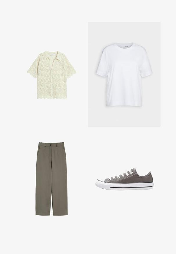 Kermainen virkattu neuletakki, jossa on viisto kuvio, lyhyet hihat, kauluspää sekä aaltoileva helma nappisuljenta.; Valkoinen lyhythihainen t-paita, pyöreä kaula-aukko, pehmeästä ja sileästä puuvillakankaasta valmistettu, suora helma ja minimalismi yksityiskohdissa. Yksinkertainen ja monikäyttöinen muotoilu.; Valkoiset lahkeet oliivinvihreästä kankaasta, jossa on napin suljenta, etutaskut ja sileä, hieman teksturoitu pinta.; Harmaa kankainen urheilusneakeri, jossa on valkoinen kumipohja, musta raita ja metalliset rei'itykset. Ominaisuuksiin kuuluu pyöreä kärki, matala malli ja tekstiilinen pinta.