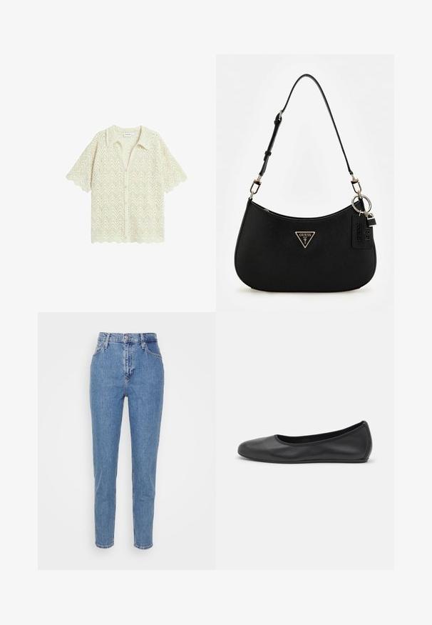 Crème haakgehaakte cardigan met een zigzagpatroon, korte mouwen, een kraag en een gegolfde zoom met knoopsluitingen.; Witte korte mouwen t-shirt van ribstof. Ronde halslijn, normale pasvorm en subtiele stiksels. Geen patronen of grafische elementen.; Blauwe high-waisted straight-leg jeans met een knoop en rits aan de voorkant, riemlussen en zakken, weergegeven op een effen witte achtergrond.; Zwarte leren ballerina met een ronde neus, gladde textuur, minimale stikdetails en een flexibele zoolontwerp.; Zwarte synthetische schoudertas met een gebogen silhouet, textuurafwerking, gouden driehoeklogo en afneembare hardwareaccenten.